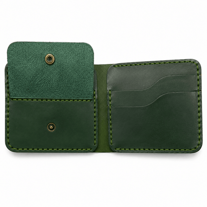Men's Dark Green Leather Bifold Wallet, Handmade Stitched Card Holder with Multiple Card Slots
