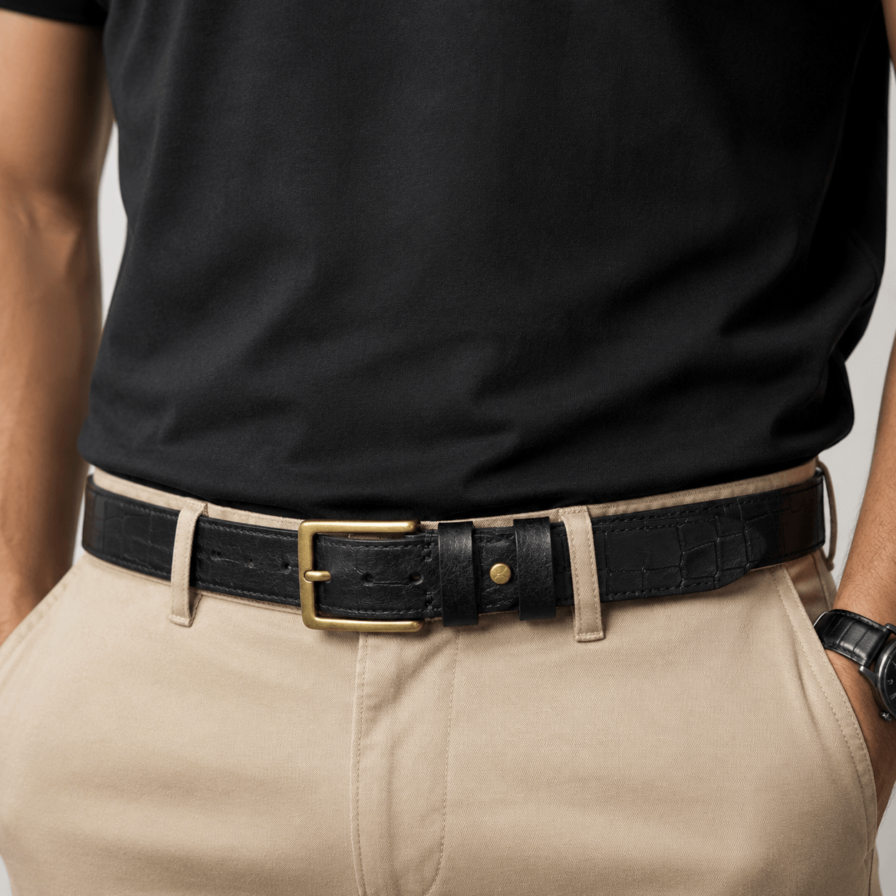 Genuine Leather Belt for Men – Black Crocodile Embossed Leather Belt