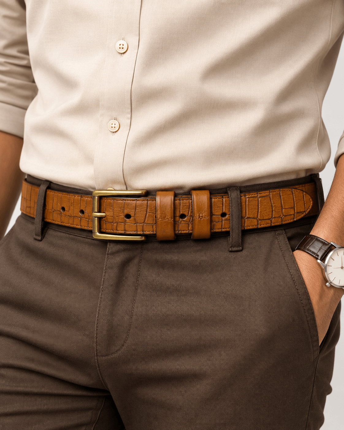 Genuine Leather Belt for Men – Brown Crocodile Embossed Adjustable Belt