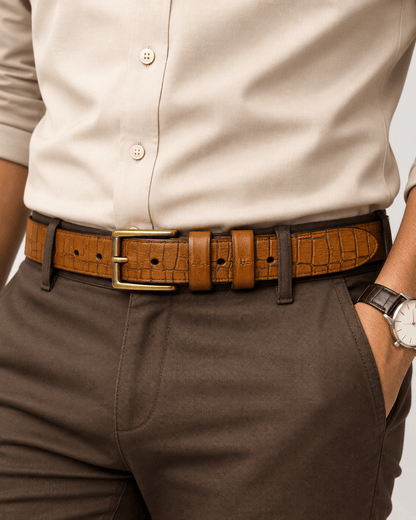Genuine Leather Belt for Men – Brown Crocodile Embossed Adjustable Belt