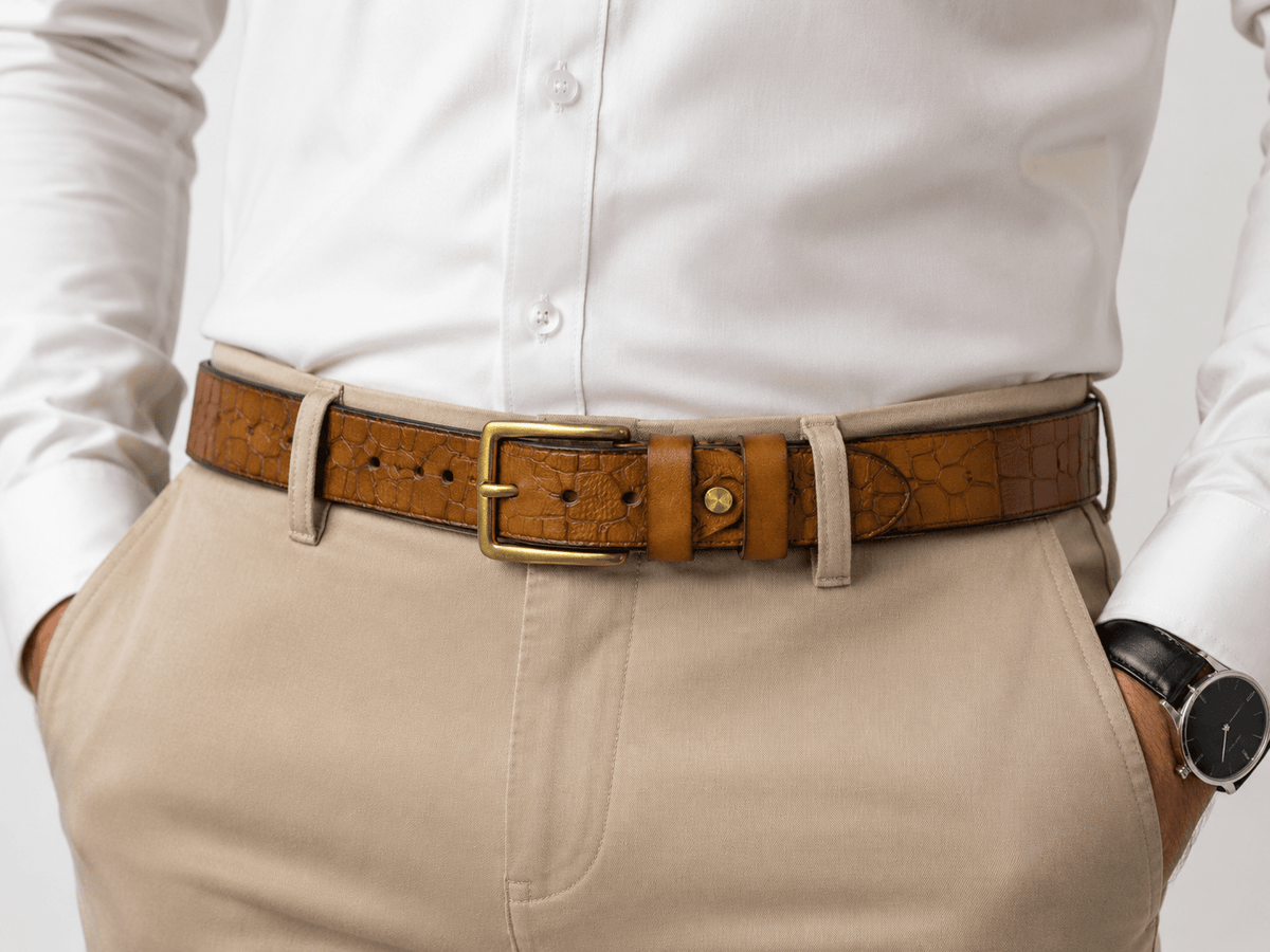 Genuine Leather Belt for Men – Brown Crocodile Embossed Adjustable Belt