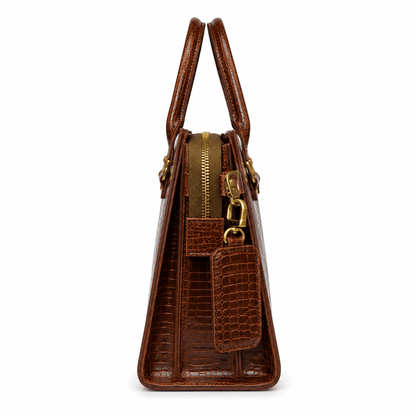 Premium Women’s Leather Tote Bag – Crocodile Embossed Brown Handbag with Zipper