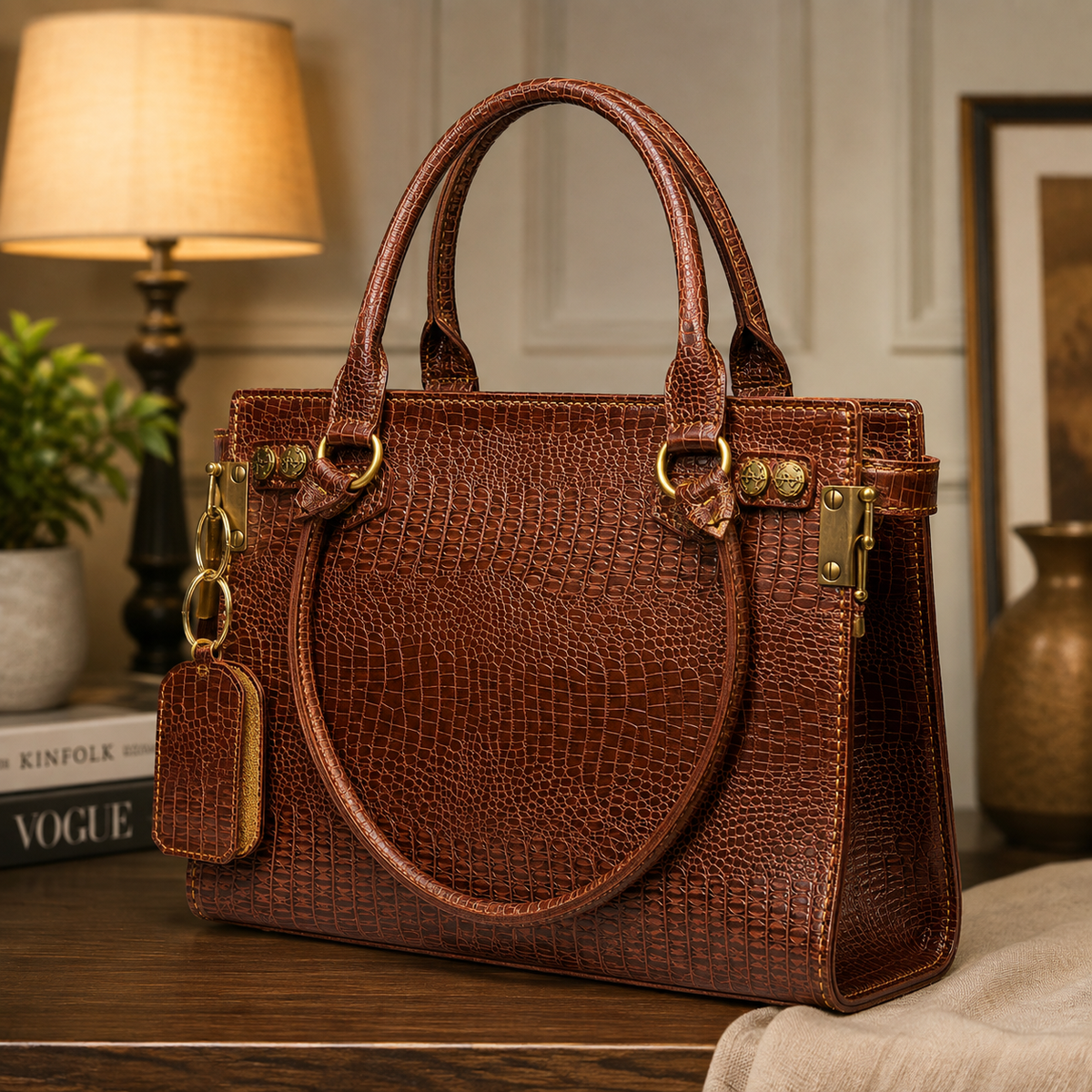 Premium Women’s Leather Tote Bag – Crocodile Embossed Brown Handbag with Zipper