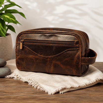 Vintage Brown Leather Toiletry Bag – Leather Dopp Kit with Double Zip