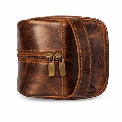 Vintage Brown Leather Toiletry Bag – Leather Dopp Kit with Double Zip