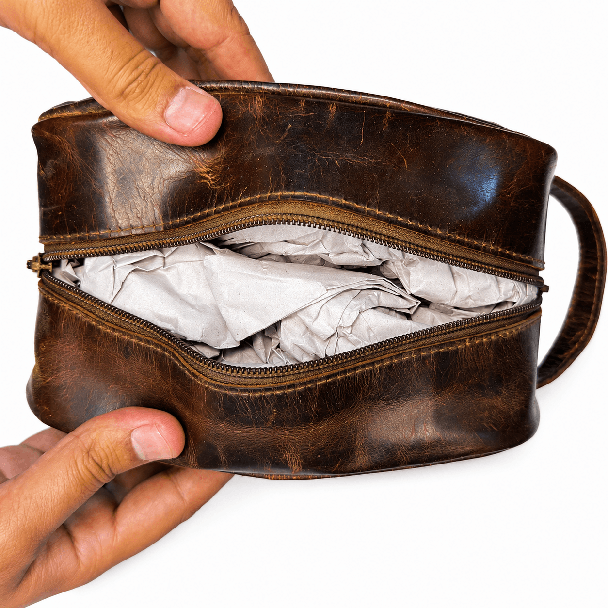 Vintage Brown Leather Toiletry Bag – Leather Dopp Kit with Double Zip