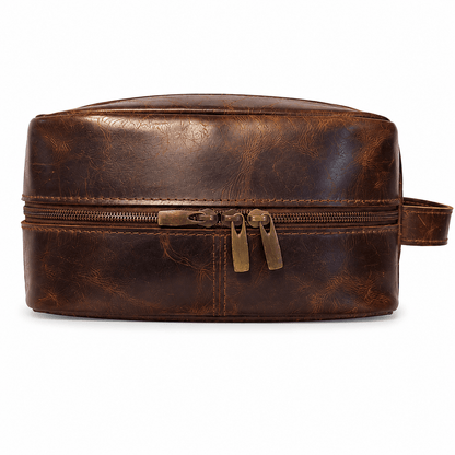 Vintage Brown Leather Toiletry Bag – Leather Dopp Kit with Double Zip