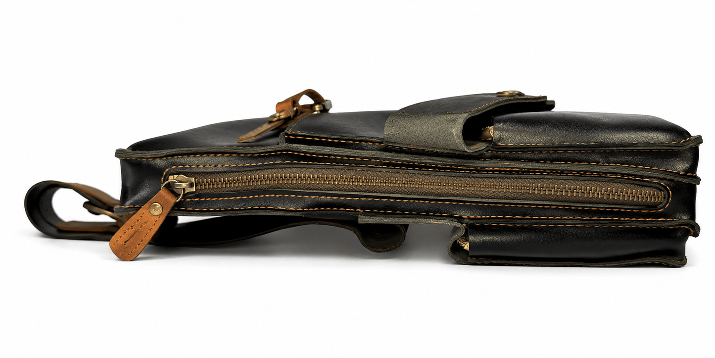 Men’s Black Leather Crossbody Bag – Vintage Shoulder & Waist Bag with Multiple Pockets