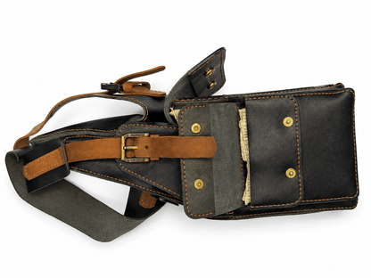Men’s Black Leather Crossbody Bag – Vintage Shoulder & Waist Bag with Multiple Pockets
