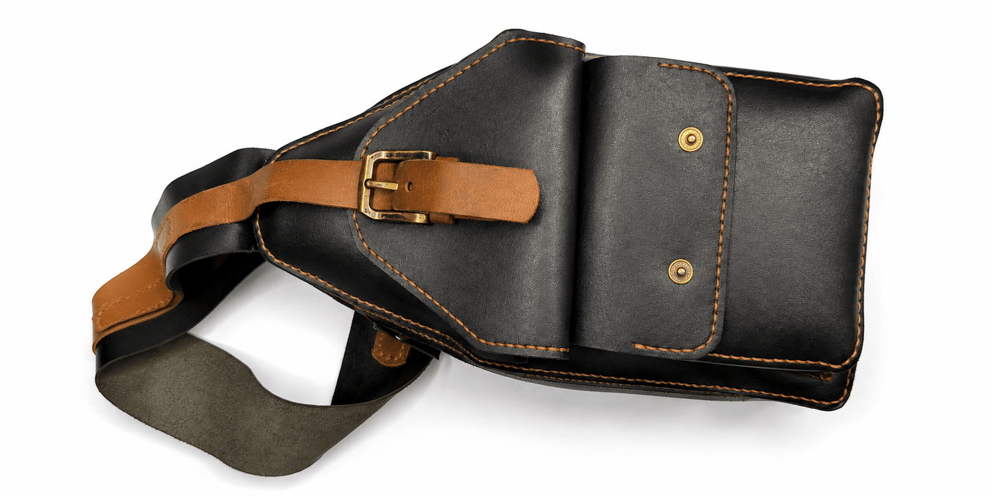 Men’s Black Leather Crossbody Bag – Vintage Shoulder & Waist Bag with Multiple Pockets