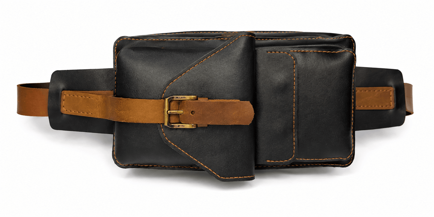 Men’s Black Leather Crossbody Bag – Vintage Shoulder & Waist Bag with Multiple Pockets