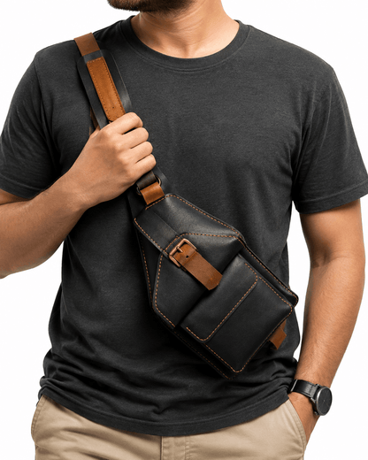 Men’s Black Leather Crossbody Bag – Vintage Shoulder & Waist Bag with Multiple Pockets