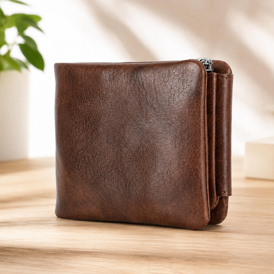 Men's Genuine Leather RFID Blocking Trifold Wallet with Zipper Coin Pocket, Credit Card Holder, ID Window & Cash Compartment