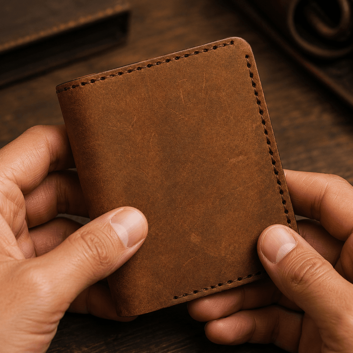 Men’s Brown Cow Leather Bifold Wallet – Handmade Stitched Leather Wallet with Card Slots & Cash Pocket