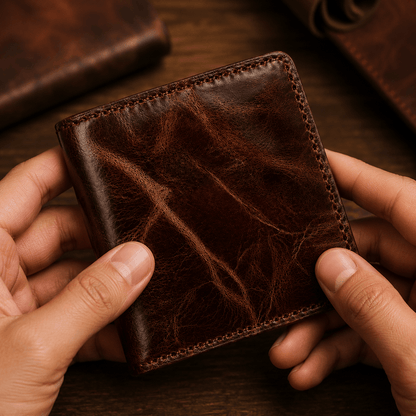 Handmade Brown Cow Leather Bifold Wallet, 6 Card Slots with Cash Compartment
