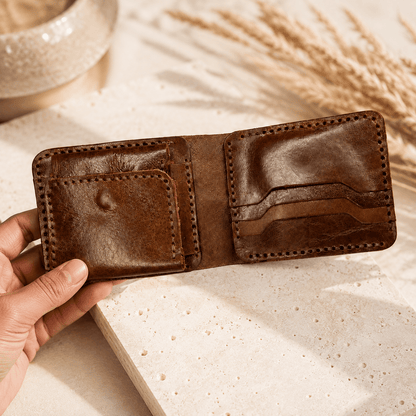 Men's Brown Cow Leather Bifold Wallet, 3 Card Slots, Coin Pocket