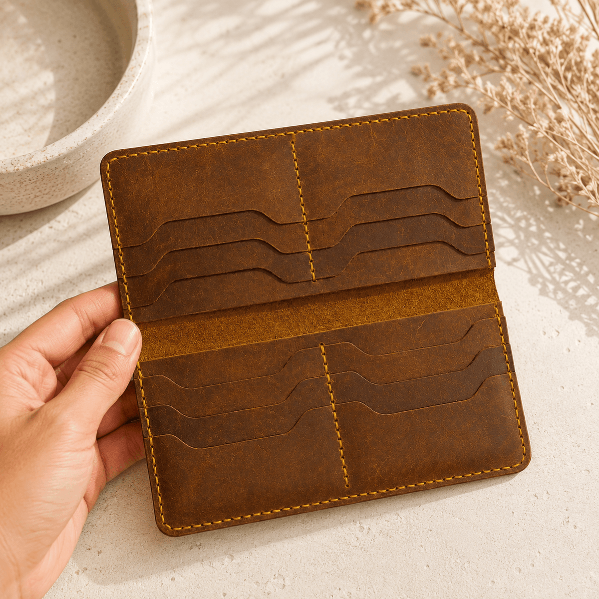 Men's Tan Cognac Leather Bifold Wallet, Hand Stitched, Multiple Card Slots & Cash Compartments