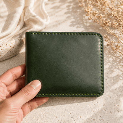 Men's Dark Green Leather Bifold Wallet, Handmade Stitched Card Holder with Multiple Card Slots