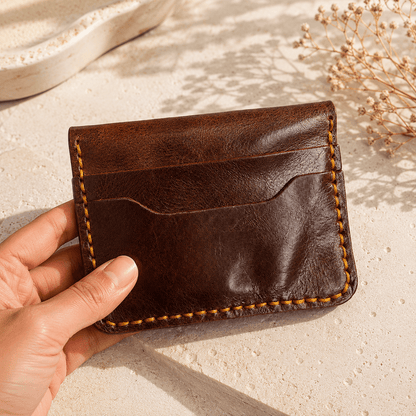 Brown Leather Card Holder Wallet, Front Pocket, Snap Closure, Contrast Stitching