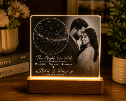 Personalized Star Map LED Plaque – Custom Night Sky with Photo & Wooden Base