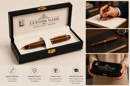 Luxury Brown Wooden Pen Gift Set with Premium Engraved Presentation Box