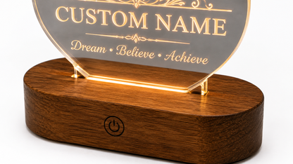 Personalized LED Name Night Light – Custom Acrylic Sign with Wooden Base