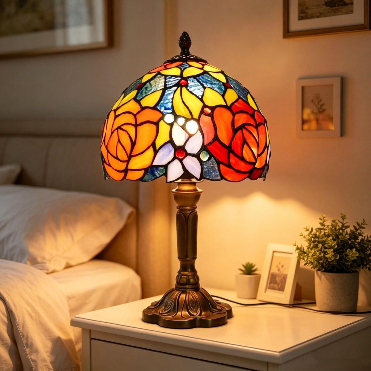 Vintage Rose Flower Stained Glass Table Lamp – Elegant Floral Bedside Light for Living Room & Bedroom