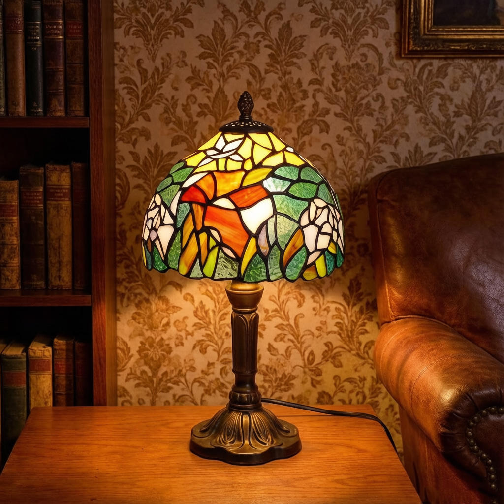 Vintage Rose Flower Stained Glass Table Lamp – Elegant Floral Bedside Light for Living Room & Bedroom