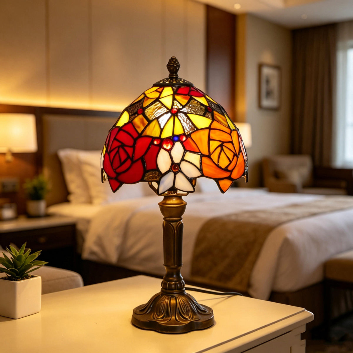 Vintage Rose Flower Stained Glass Table Lamp – Elegant Floral Bedside Light for Living Room & Bedroom