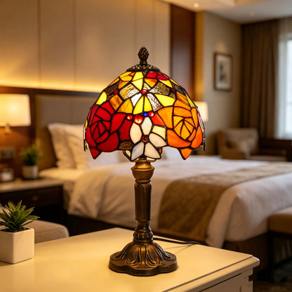 Vintage Rose Flower Stained Glass Table Lamp – Elegant Floral Bedside Light for Living Room & Bedroom