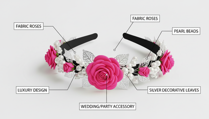 Pink Rose Headband with Pearls & Silver Leaves