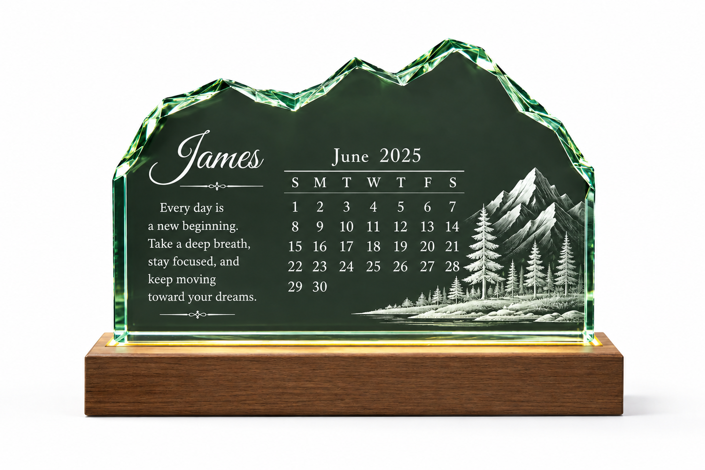 Personalized Crystal Calendar Plaque – Custom Engraved LED Wooden Base