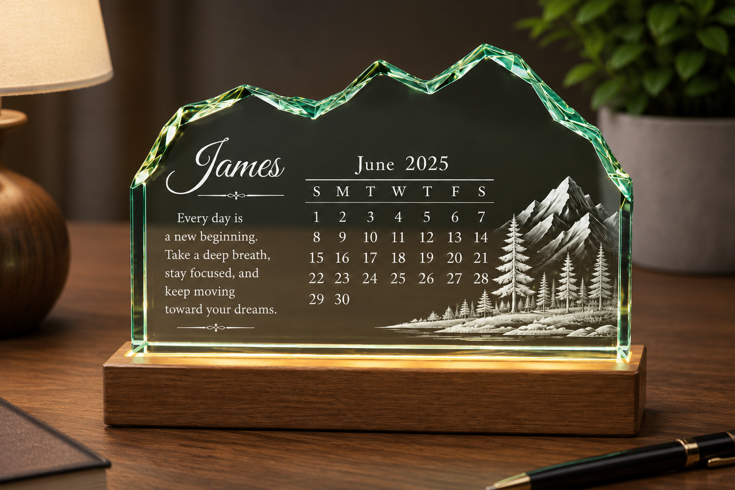 Personalized Crystal Calendar Plaque – Custom Engraved LED Wooden Base