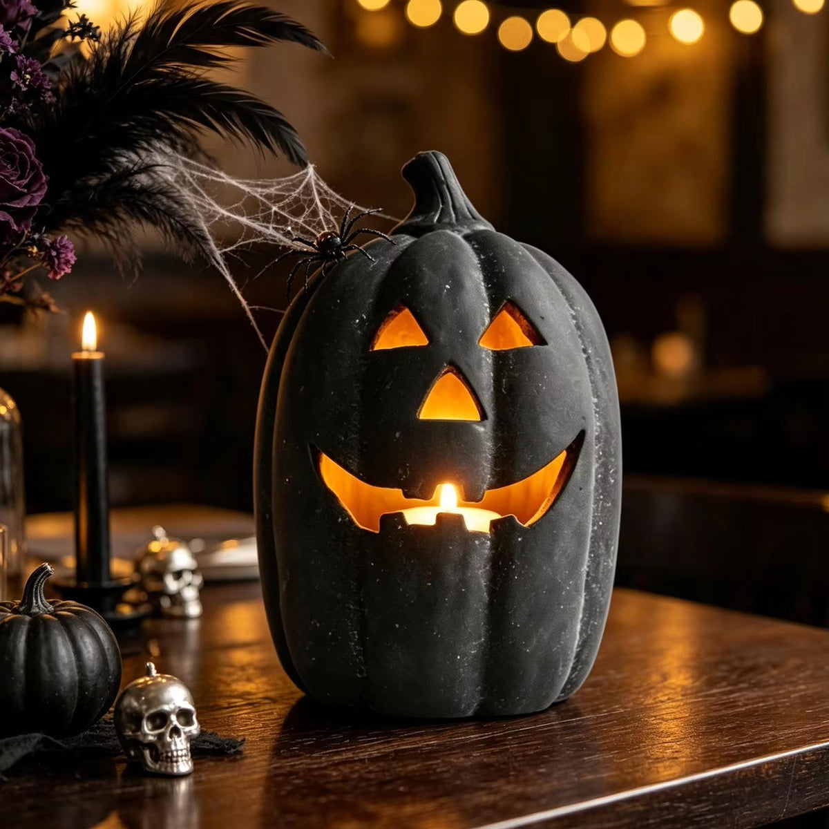 Halloween Black Resin Lantern Pumpkin Decoration, 7.5 Inch Ghost Ornament With Candle, Fall Autumn Table Centerpiece