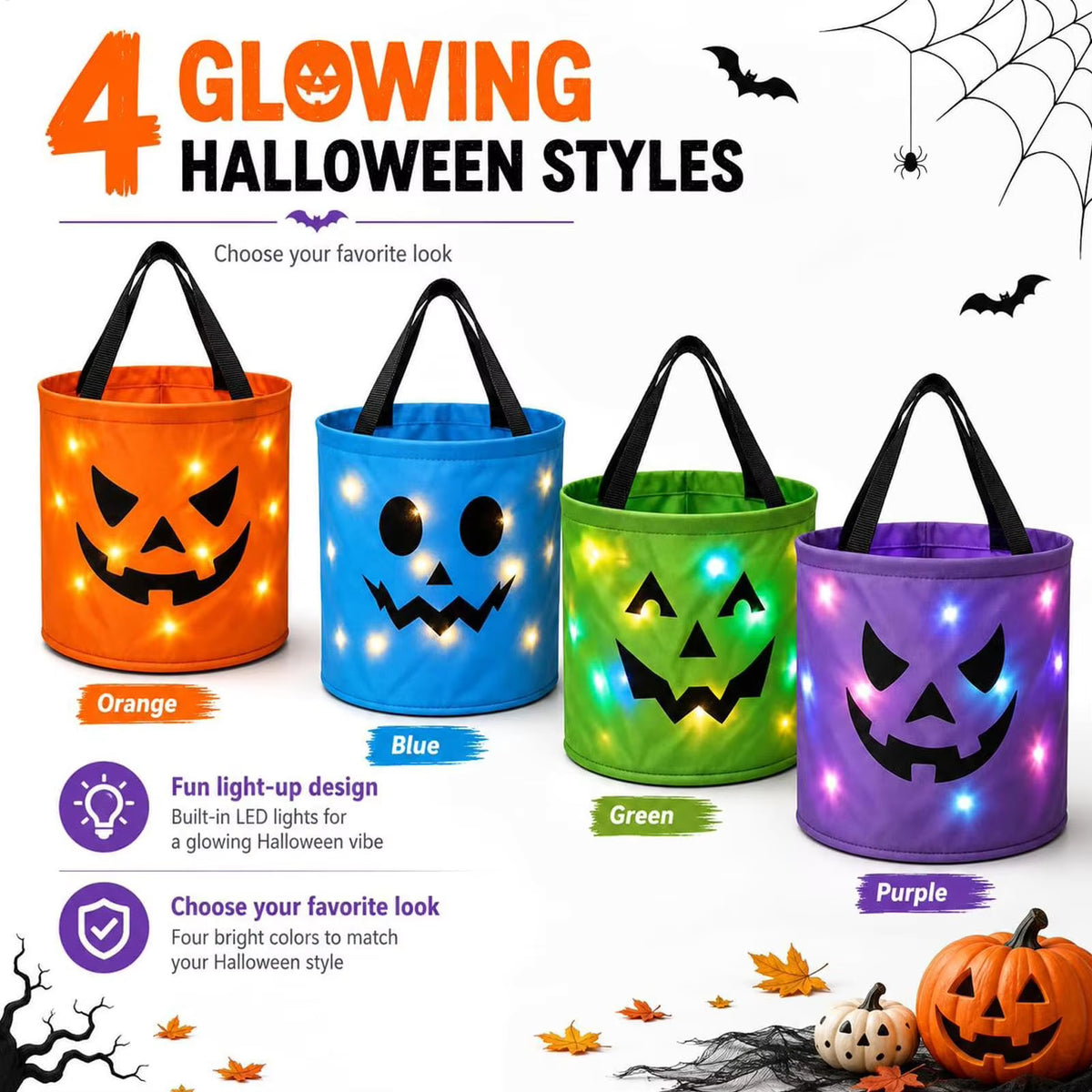 LED Light Up Lights Halloween Candy Bags Gift Suitable For Trick Or Treating Parties Buckets Holiday