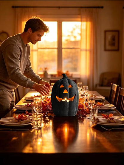 Halloween Black Resin Lantern Pumpkin Decoration, 7.5 Inch Ghost Ornament With Candle, Fall Autumn Table Centerpiece