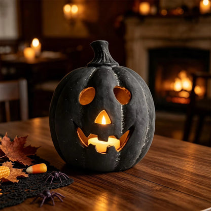 Halloween Black Resin Lantern Pumpkin Decoration, 7.5 Inch Ghost Ornament With Candle, Fall Autumn Table Centerpiece