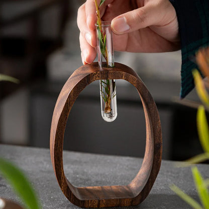 Walnut Wood Glass Hydroponic Vase Set for Home Decor