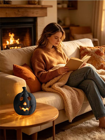 Halloween Black Resin Lantern Pumpkin Decoration, 7.5 Inch Ghost Ornament With Candle, Fall Autumn Table Centerpiece