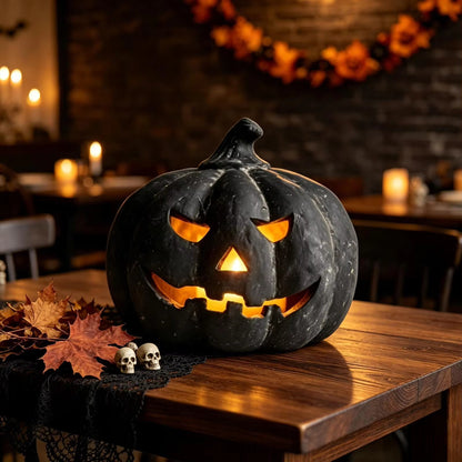 Halloween Black Resin Lantern Pumpkin Decoration, 7.5 Inch Ghost Ornament With Candle, Fall Autumn Table Centerpiece