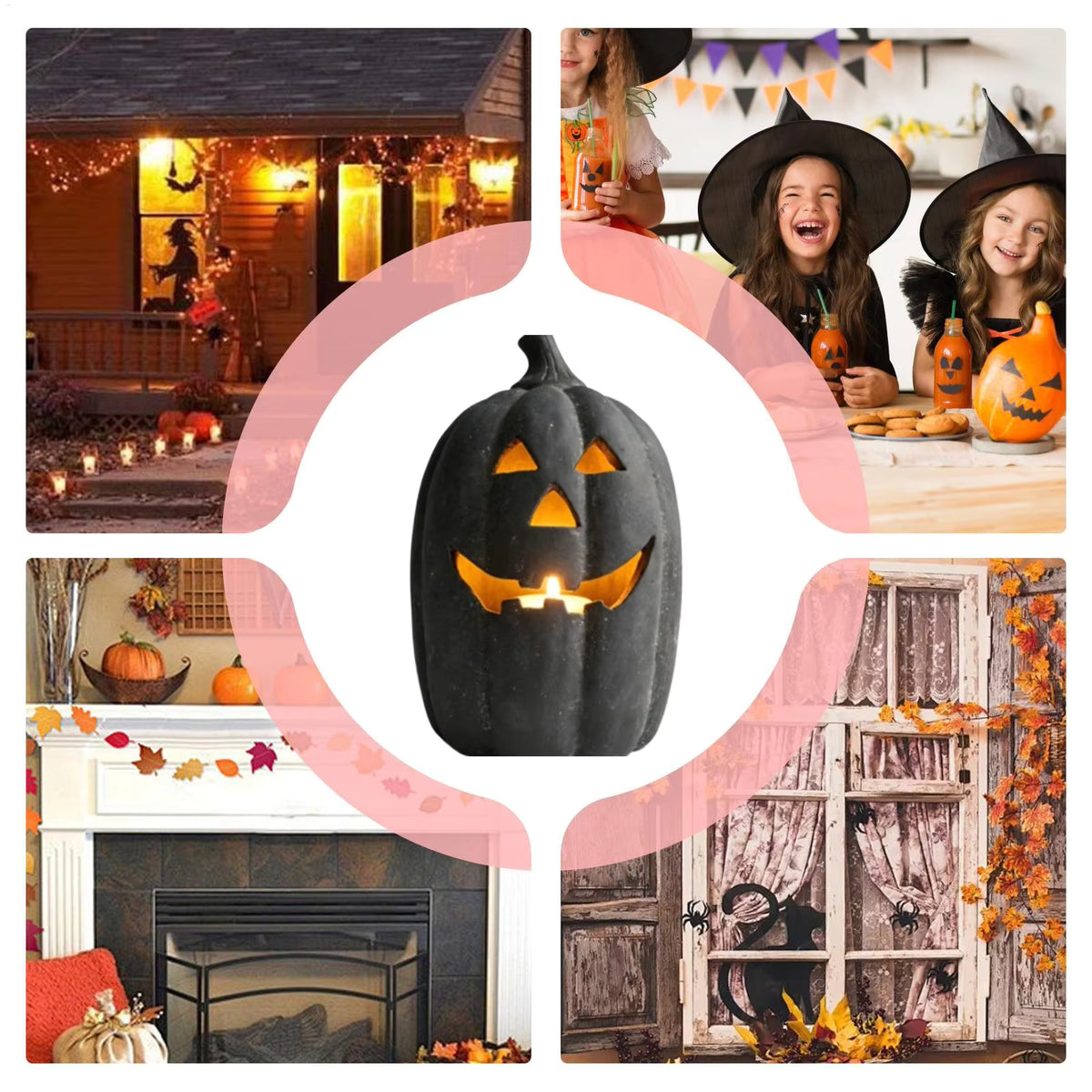 Halloween Black Resin Lantern Pumpkin Decoration, 7.5 Inch Ghost Ornament With Candle, Fall Autumn Table Centerpiece