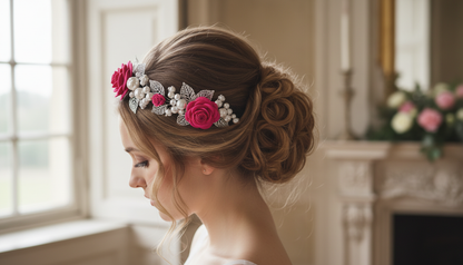 Pink Rose Headband with Pearls & Silver Leaves