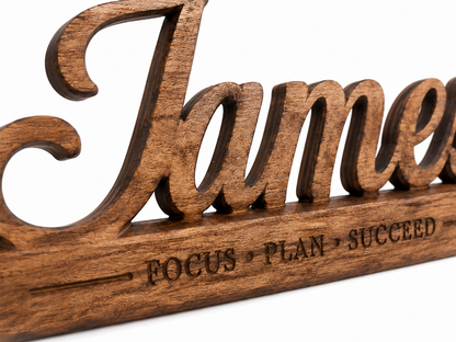 Personalized Wooden Desk Name Sign – Custom Engraved Quote Nameplate for Office