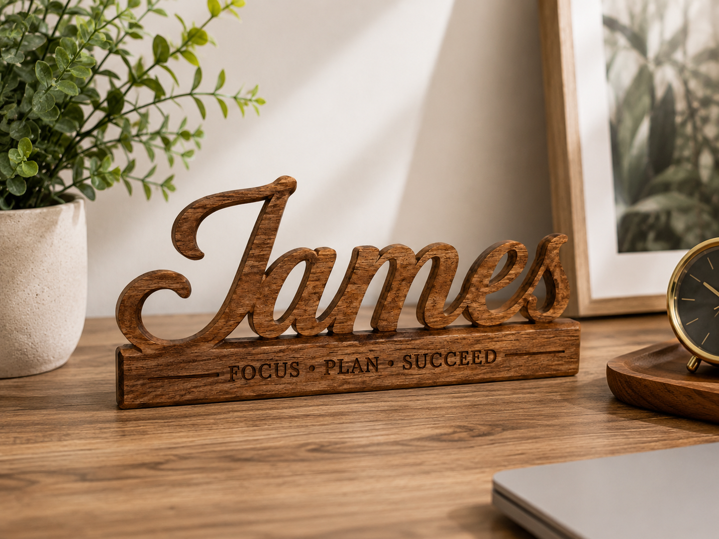 Personalized Wooden Desk Name Sign – Custom Engraved Quote Nameplate for Office