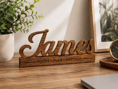 Personalized Wooden Desk Name Sign – Custom Engraved Quote Nameplate for Office