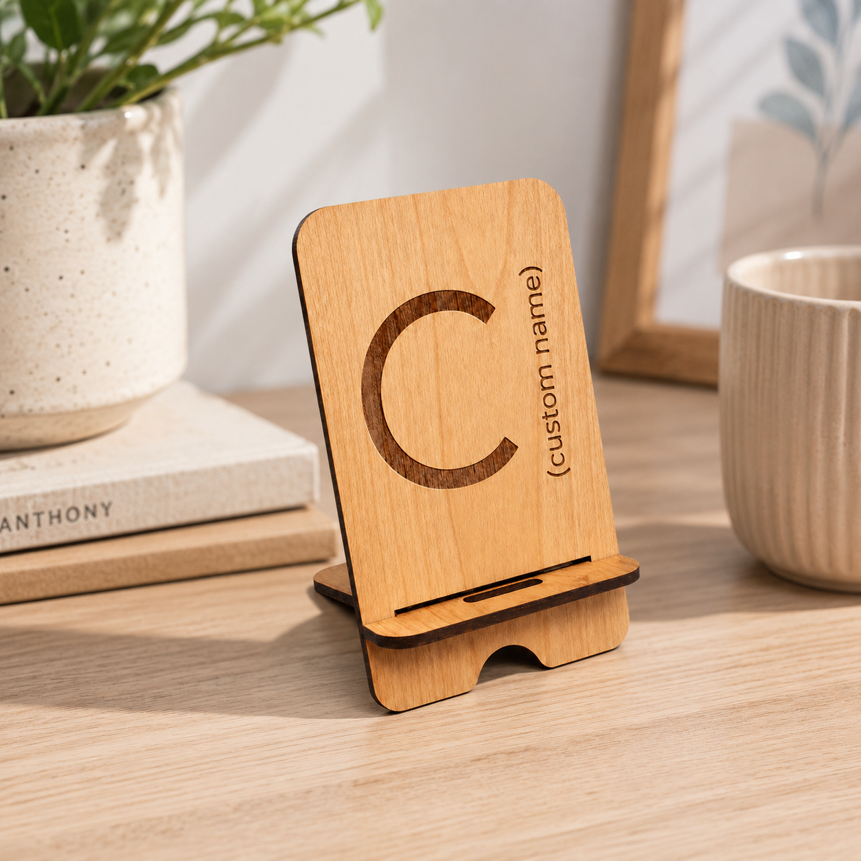 Personalized Wooden Phone Stand with Custom Engraved Monogram – Desk Phone Holder