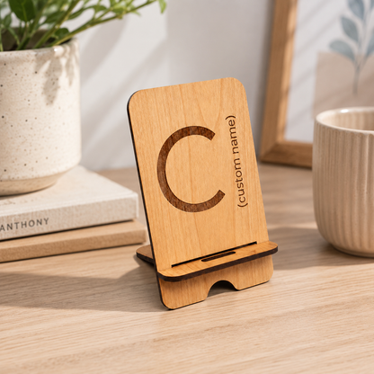 Personalized Wooden Phone Stand with Custom Engraved Monogram – Desk Phone Holder