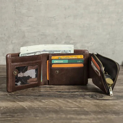 Men's Genuine Leather RFID Blocking Trifold Wallet with Zipper Coin Pocket, Credit Card Holder, ID Window & Cash Compartment