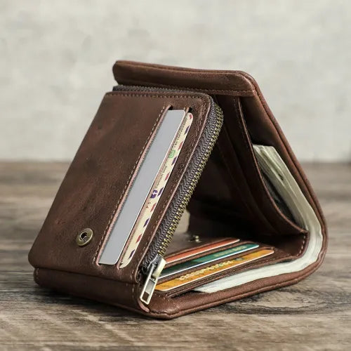 Men's Genuine Leather RFID Blocking Trifold Wallet with Zipper Coin Pocket, Credit Card Holder, ID Window & Cash Compartment