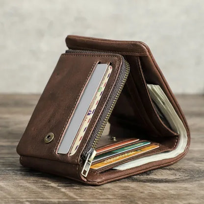 Men's Genuine Leather RFID Blocking Trifold Wallet with Zipper Coin Pocket, Credit Card Holder, ID Window & Cash Compartment
